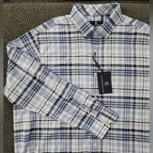 NEW Hart Schaffner Marx Blue Plaid Cotton Linen Long Sleeve Shirt Men's XL